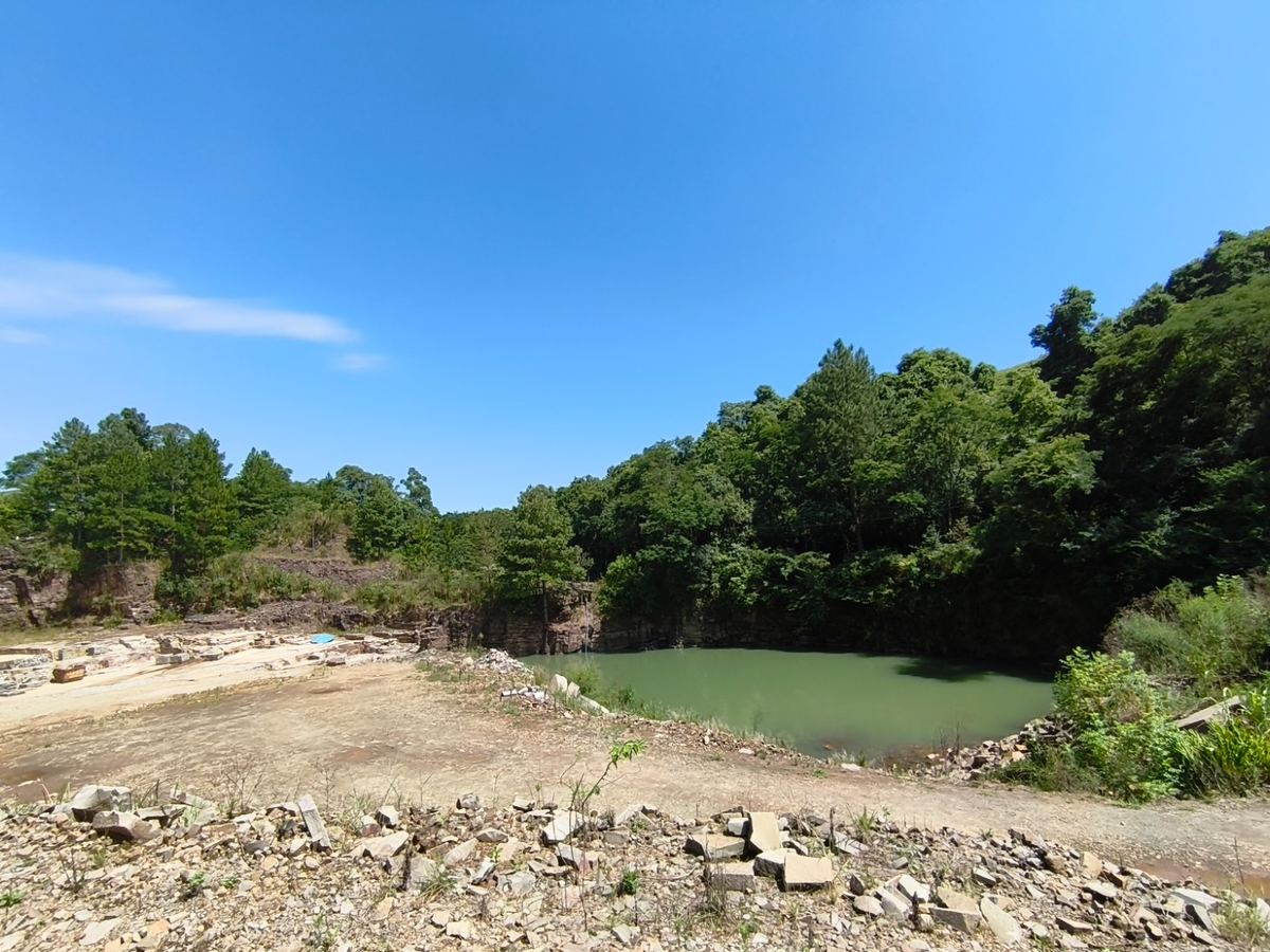 Cava de basalto antiga com lago formado pela água da chuva, cercada por vegetação nativa em regeneração