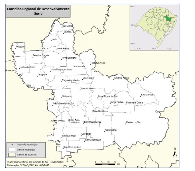 Mapa do Conselho Regional de Desenvolvimento Serra com os municípios da região destacados, incluindo Nova Prata, Paraí e Protásio Alves