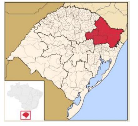 Mapa do Rio Grande do Sul com a região do APL Basalto da Serra Gaúcha destacada em vermelho, no nordeste do Estado